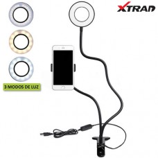 Iluminador Selfie Ring Light LED 3 Modos de Cor Articulador de Mesa com Suporte para Celular Xtrad CH0455